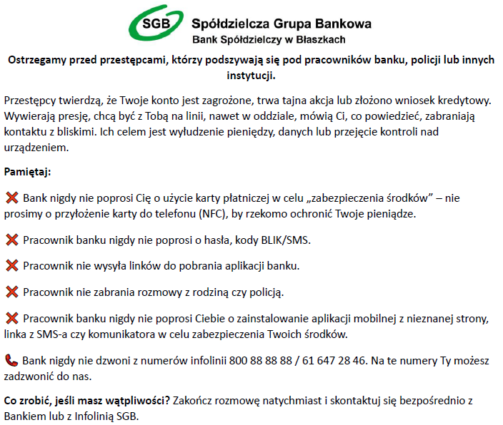 Ostrzeżenie przed przestępcami, którzy podszywają się pod pracowników banku, policji lub innych instytucji