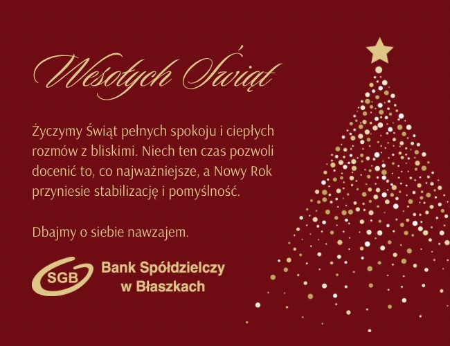 Kartka świąteczna z życzeniami, czerwone tło wraz z choinką złożoną z kolorowych kół