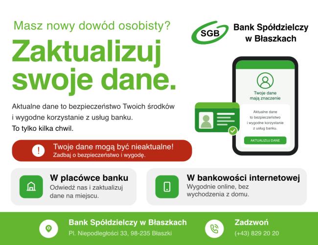 W prawym górnym rogu logo Banku Spółdzielczego w Błaszkach, poniżej infografika przedstawiająca dokument tożsamości oraz urządzenie mobilne. Po lewej stronie napisy zachęcające do aktualizacji danych. W dolnej sekcji widoczny adres Banku (Pl. Niepodległości 33, 98-235 Błaszki) oraz numer telefonu (43 829 20 20)