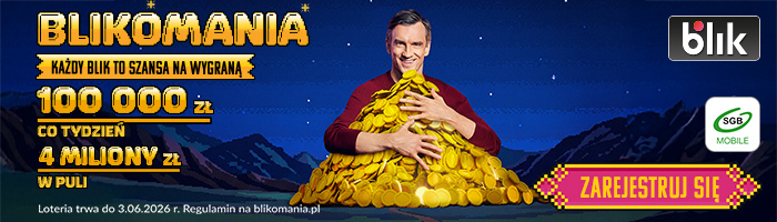 Mężczyzna obejmujący złote monety. W tle widać nocne gwieździste niebo oraz zarys gór. Po prawej stronie widoczne logo "BLIK", "SGB Mobile" oraz napis "Zarejestruj się". Po lewej stronie "BLIKOMANIA Każdy BLIK to szansa na wygraną 100000zł co tydzień, 4 miliony zł w puli, Loteria trwa do 3.06.2026r. Regulamin na blikomania.pl"