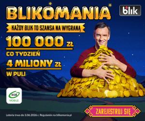 Mężczyzna obejmujący złote monety. W tle widać nocne gwieździste niebo oraz zarys gór. Po prawej stronie widoczne logo "BLIK", "SGB Mobile" oraz napis "Zarejestruj się". Po lewej stronie "BLIKOMANIA Każdy BLIK to szansa na wygraną 100000zł co tydzień, 4 miliony zł w puli, Loteria trwa do 3.06.2026r. Regulamin na blikomania.pl"