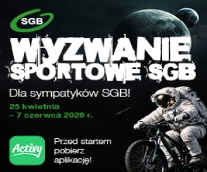 Astronauta na rowerze na tle Ziemi, Księżyca oraz przestrzeni kosmicznej. Na górnej krawędzi logo SGB oraz podpis "Wyzwanie sportowe SGB dla sympatyków SGB! 25 kwietnia - 7 czerwca 2026 r."